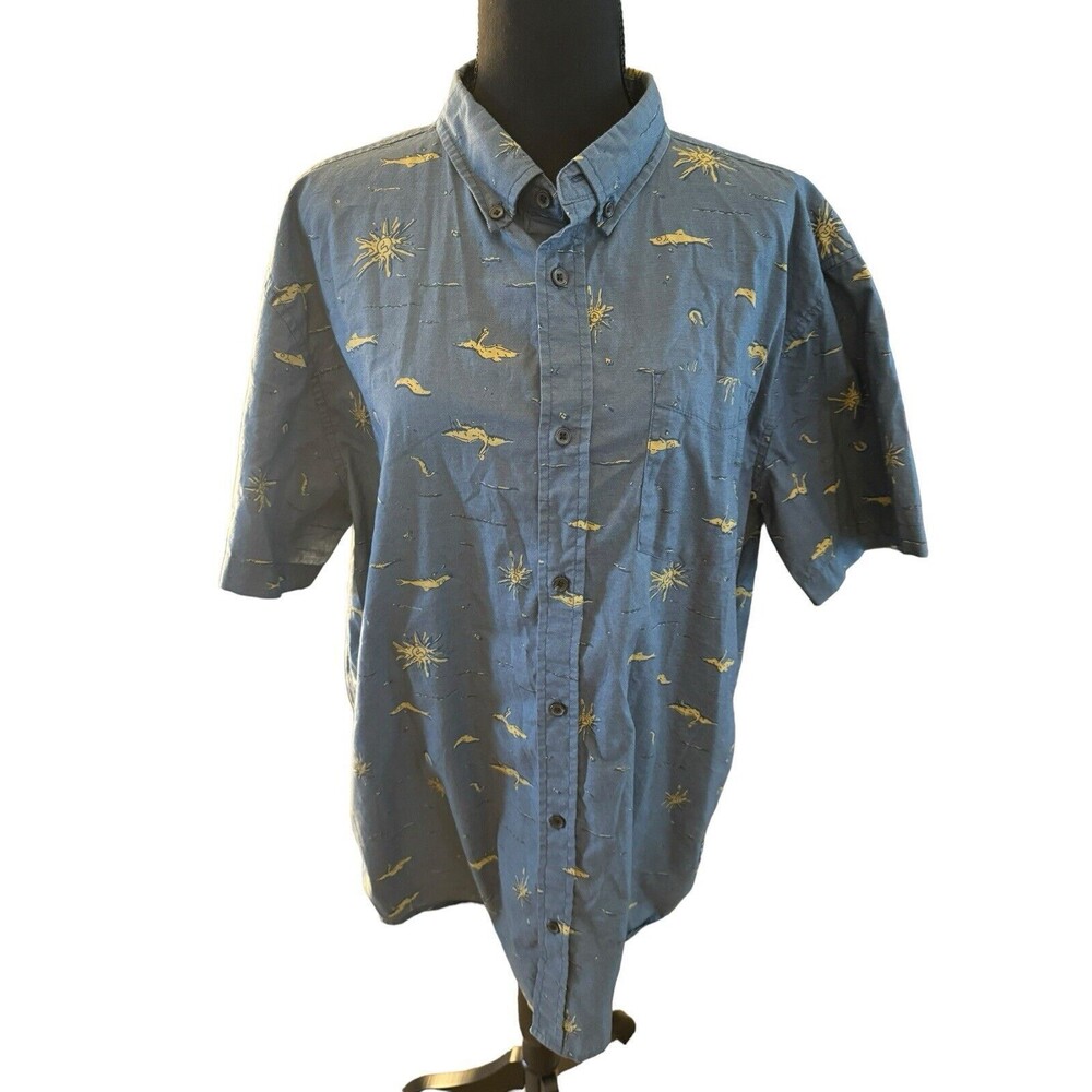 prAna XLarge Slim Fit‎ Short Sleeve Button Down Shirt Blue Organic Cotton Poly